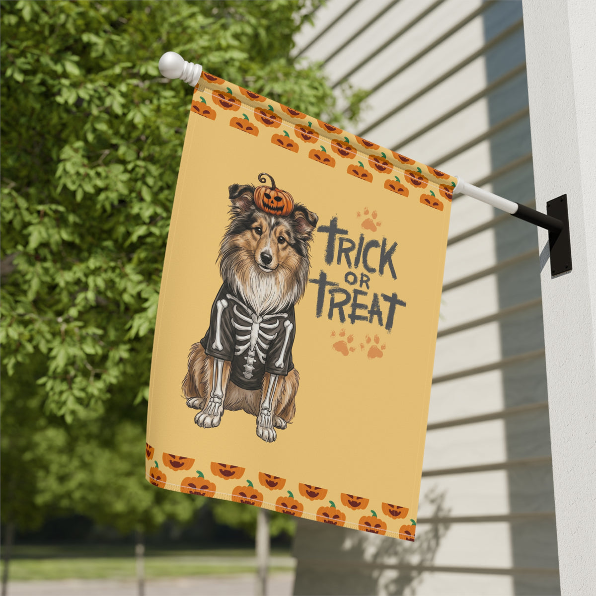 Trick or Treat Sheltie Halloween Garden Flag Double Sided 12x18 24x32 Outdoor