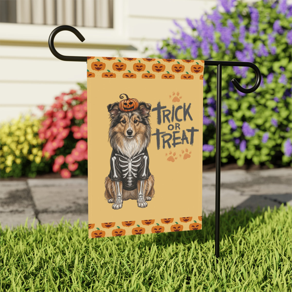 Trick or Treat Sheltie Halloween Garden Flag Double Sided 12x18 24x32 Outdoor