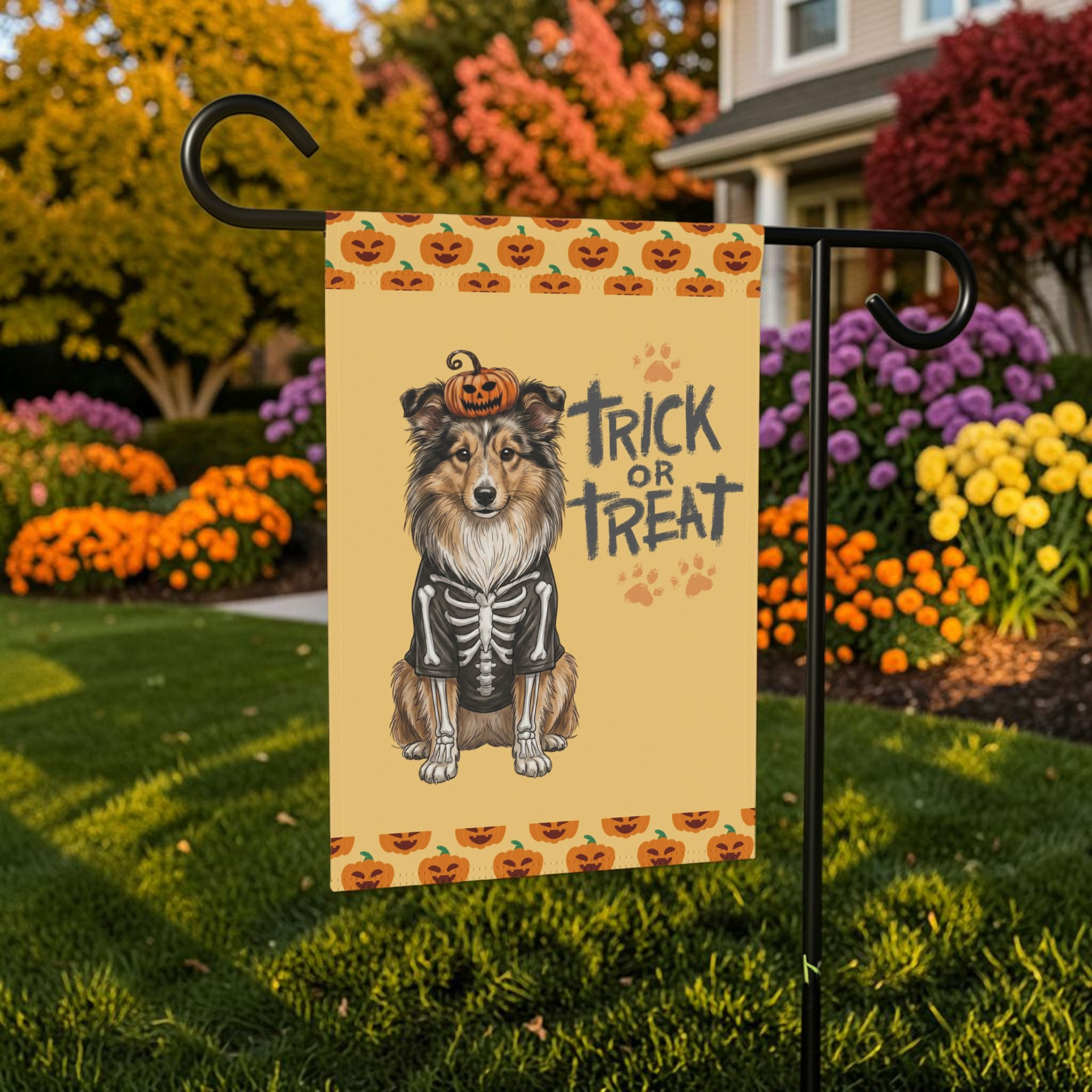 Trick or Treat Sheltie Halloween Garden Flag Double Sided 12x18 24x32 Outdoor