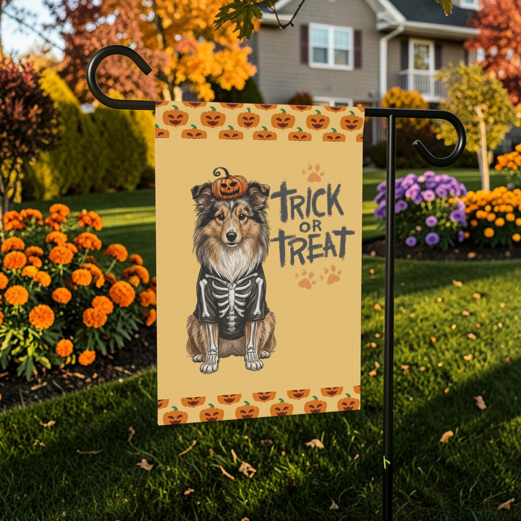 Trick or Treat Sheltie Halloween Garden Flag Double Sided 12x18 24x32 Outdoor