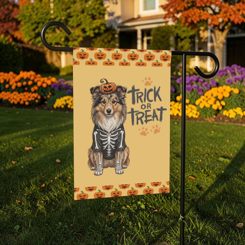 Trick or Treat Sheltie Halloween Garden Flag Double Sided 12x18 24x32 Outdoor