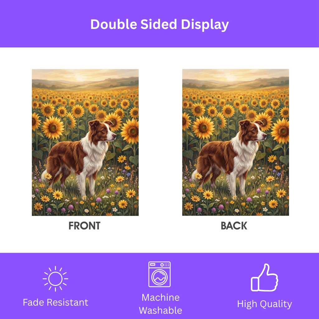 Sunflower Field Red And White Border Collie Garden Flag Double Sided 12x18 24x32