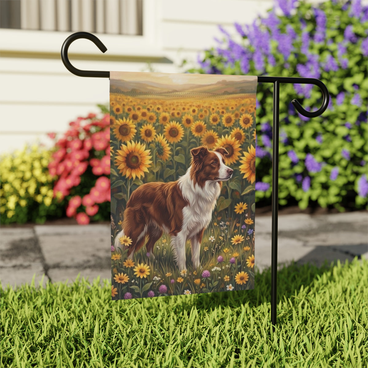 Sunflower Field Red And White Border Collie Garden Flag Double Sided 12x18 24x32