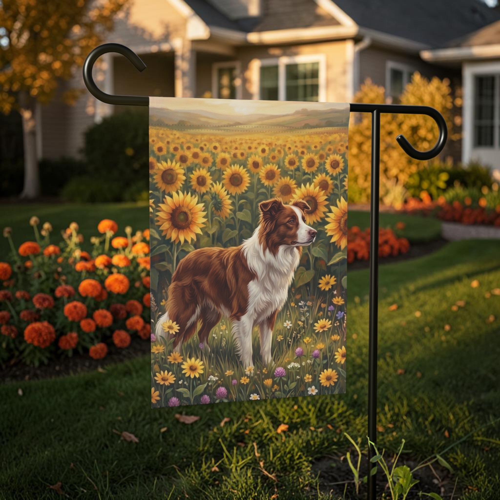 Sunflower Field Red And White Border Collie Garden Flag Double Sided 12x18 24x32