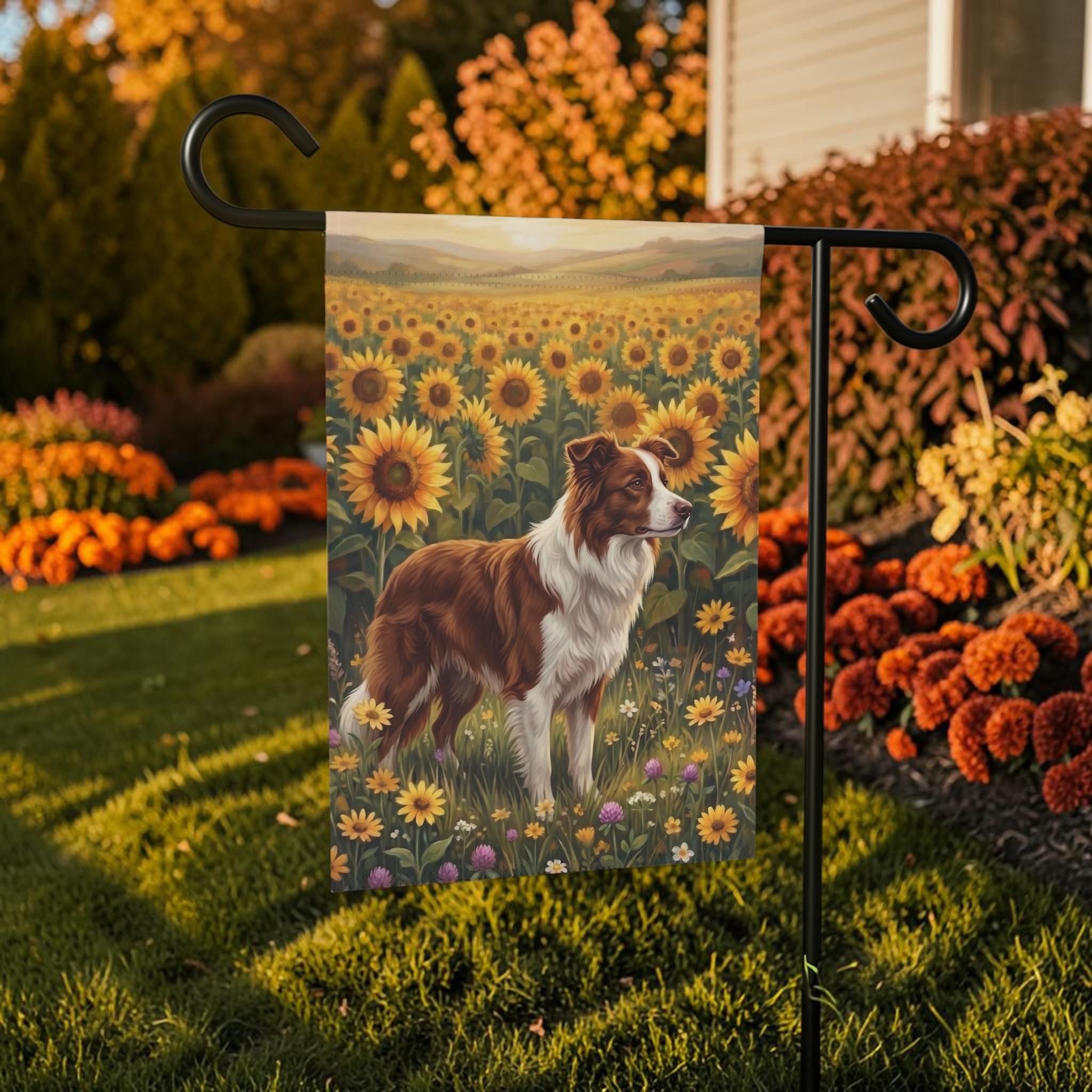 Sunflower Field Red And White Border Collie Garden Flag Double Sided 12x18 24x32