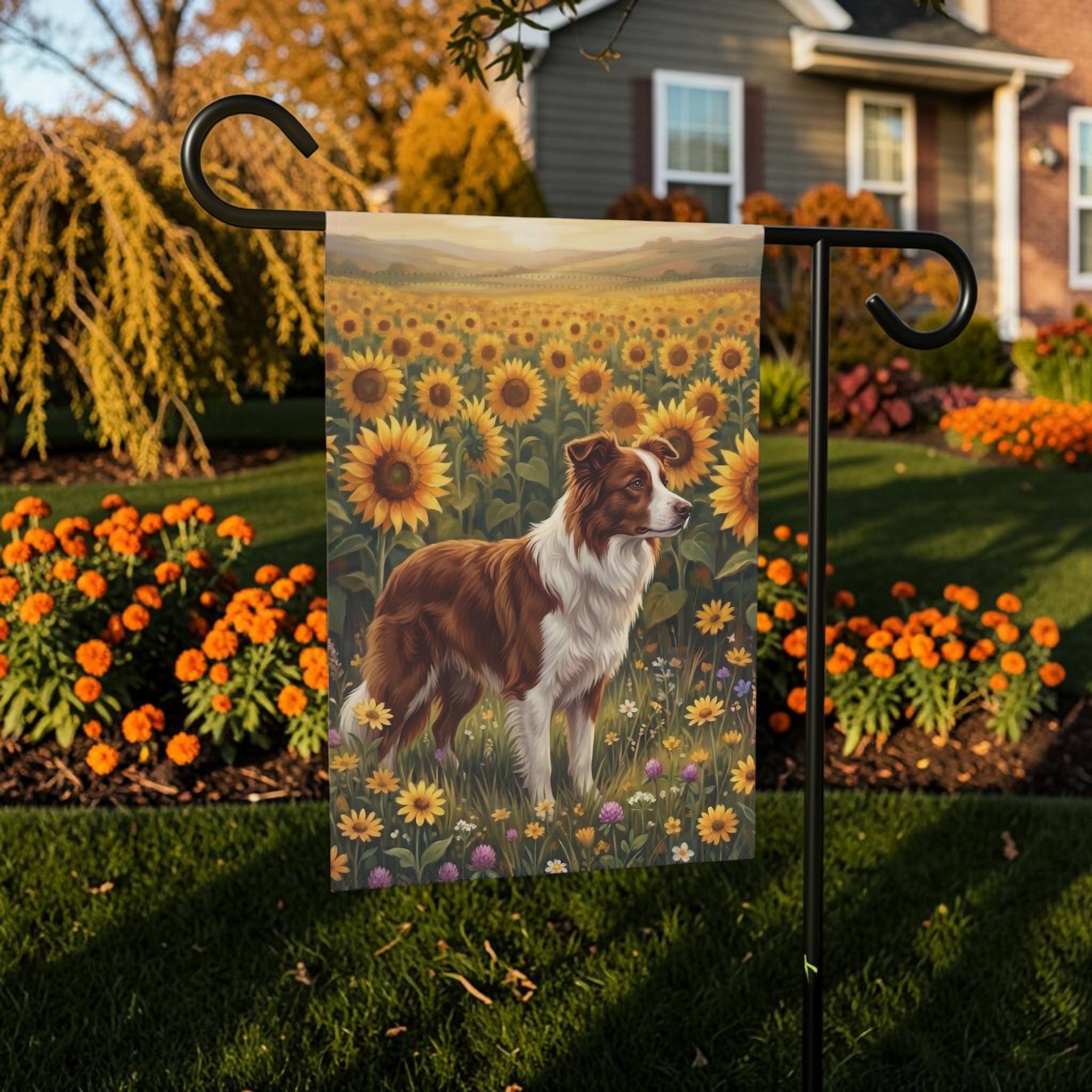 Sunflower Field Red And White Border Collie Garden Flag Double Sided 12x18 24x32