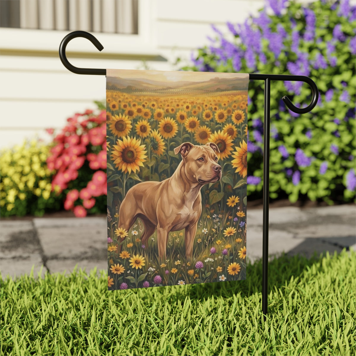 Sunflower Field Fawn American Pit Bull Terrier Garden Flag Double Sided Outdoor