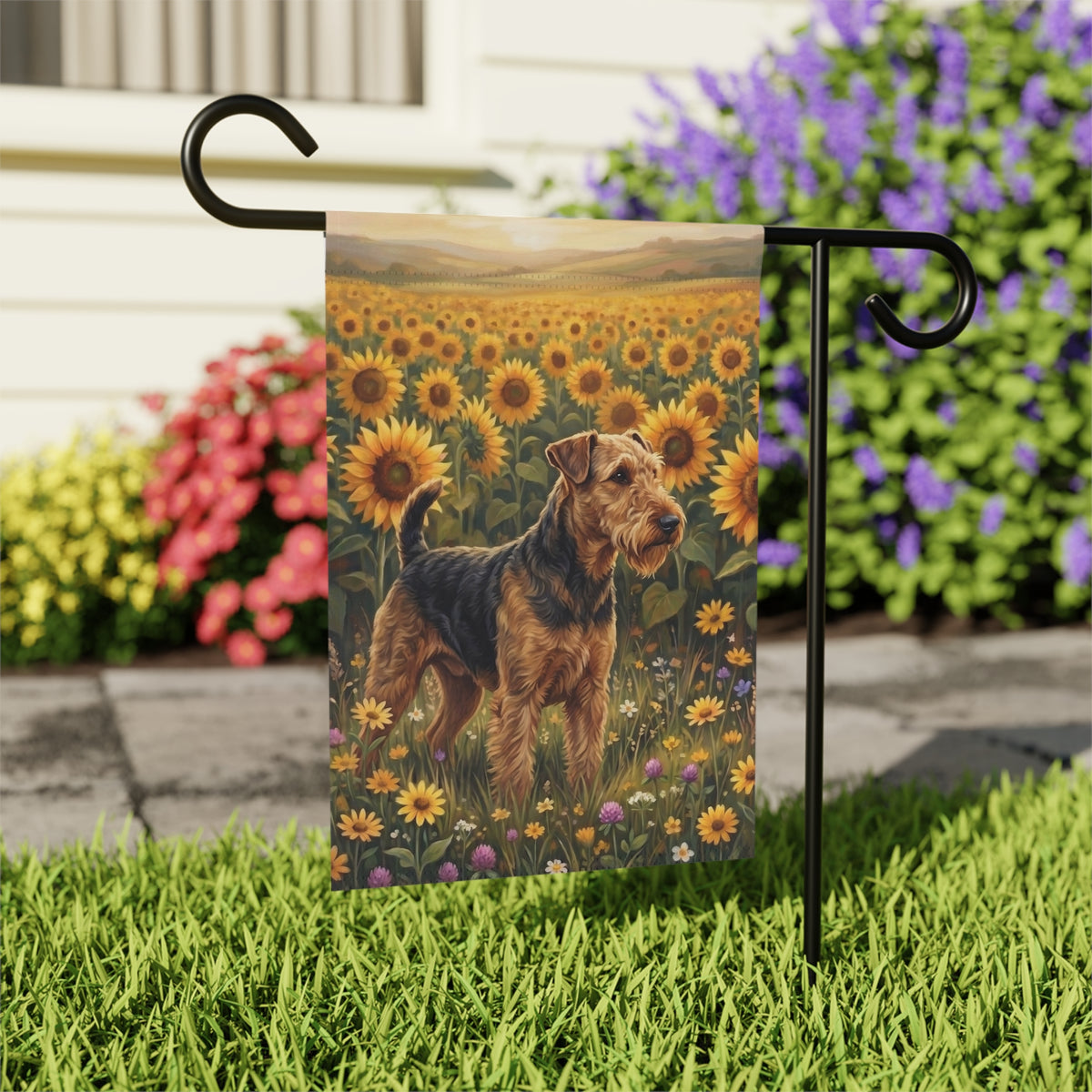 Sunflower Field Airedale Terrier Garden Flag Double Sided 12x18 24x32 Outdoor