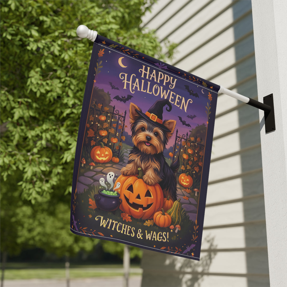 Witches & Wags Yorkie Happy Halloween Garden Flag Double Sided 12x18 24x32