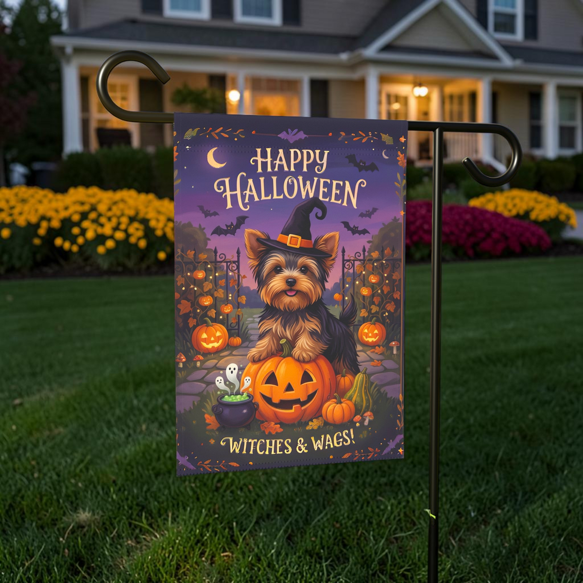 Witches & Wags Yorkie Happy Halloween Garden Flag Double Sided 12x18 24x32