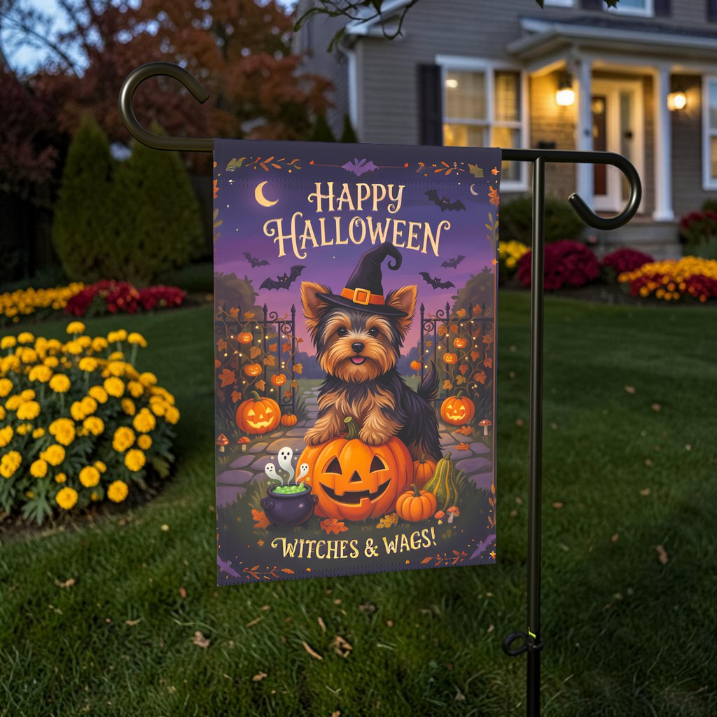 Witches & Wags Yorkie Happy Halloween Garden Flag Double Sided 12x18 24x32