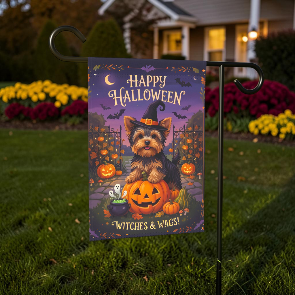 Witches & Wags Yorkie Happy Halloween Garden Flag Double Sided 12x18 24x32