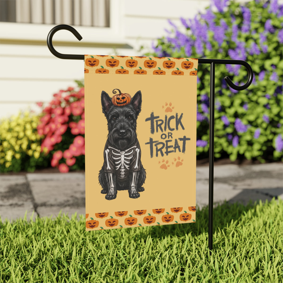 Trick or Treat Scottish Terrier Halloween Garden Flag Double Sided 12x18 24x32