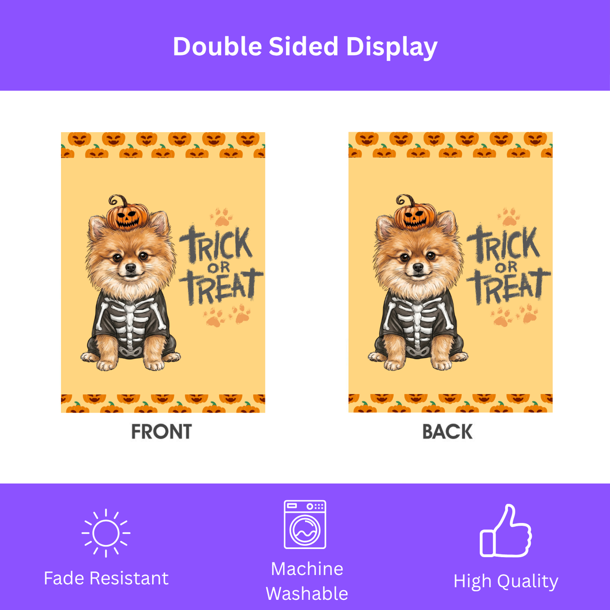 Trick or Treat Pomeranian Halloween Garden Flag Double Sided 12x18 24x32 Outdoor