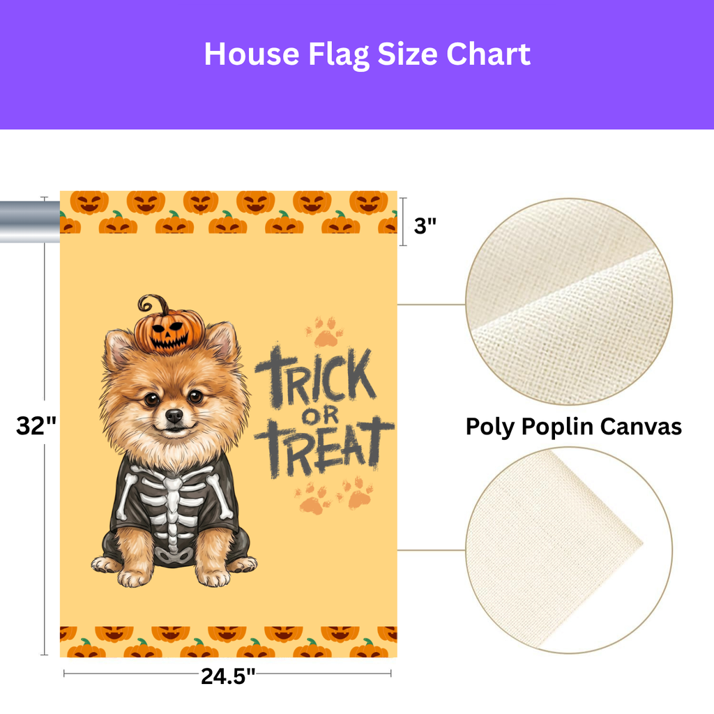 Trick or Treat Pomeranian Halloween Garden Flag Double Sided 12x18 24x32 Outdoor