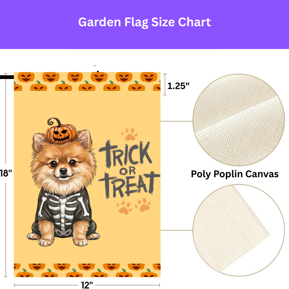Trick or Treat Pomeranian Halloween Garden Flag Double Sided 12x18 24x32 Outdoor