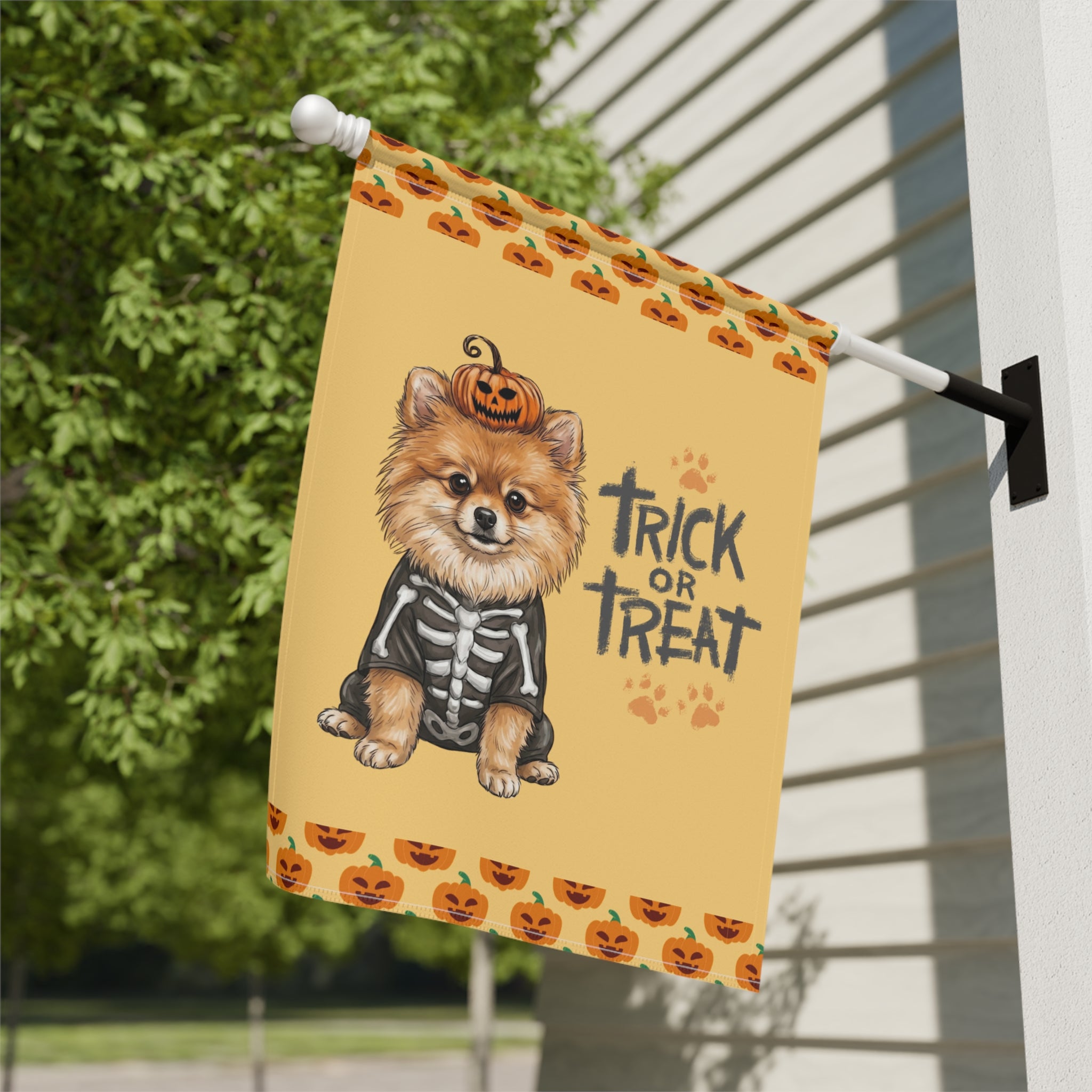 Trick or Treat Pomeranian Halloween Garden Flag Double Sided 12x18 24x32 Outdoor
