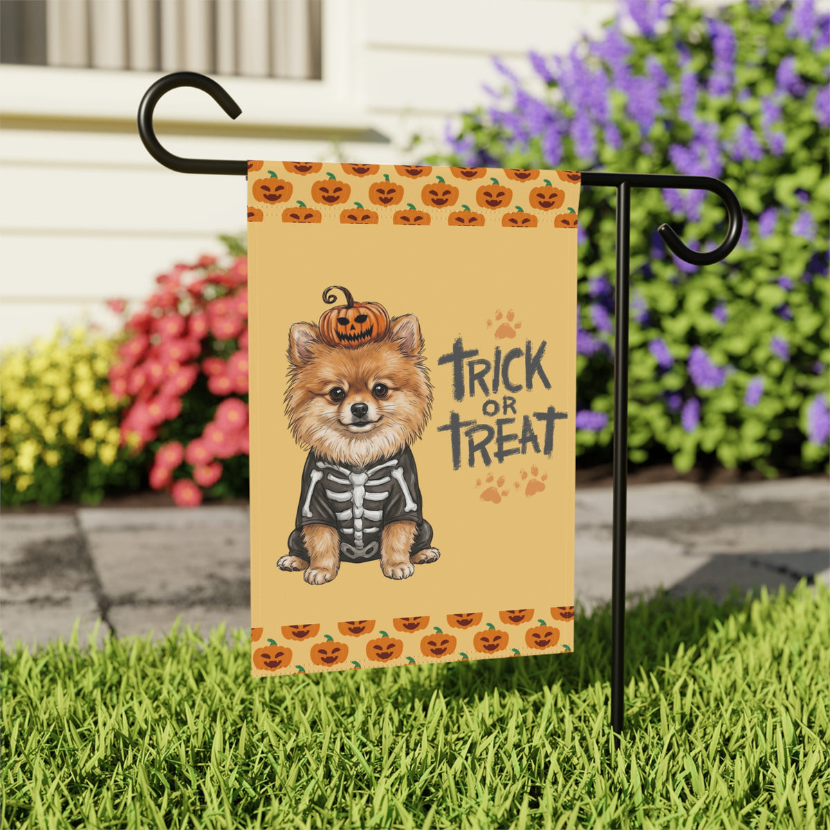 Trick or Treat Pomeranian Halloween Garden Flag Double Sided 12x18 24x32 Outdoor