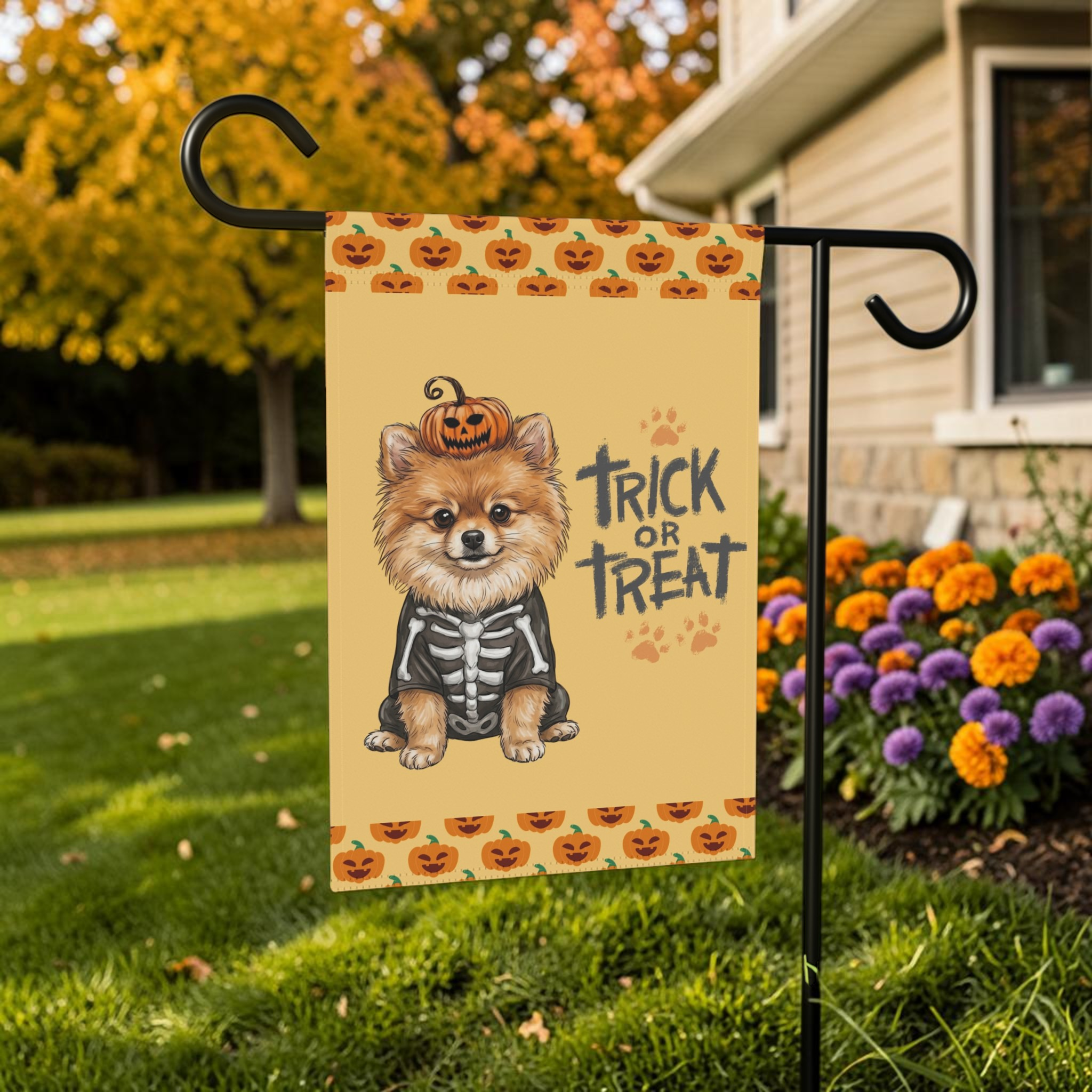 Trick or Treat Pomeranian Halloween Garden Flag Double Sided 12x18 24x32 Outdoor