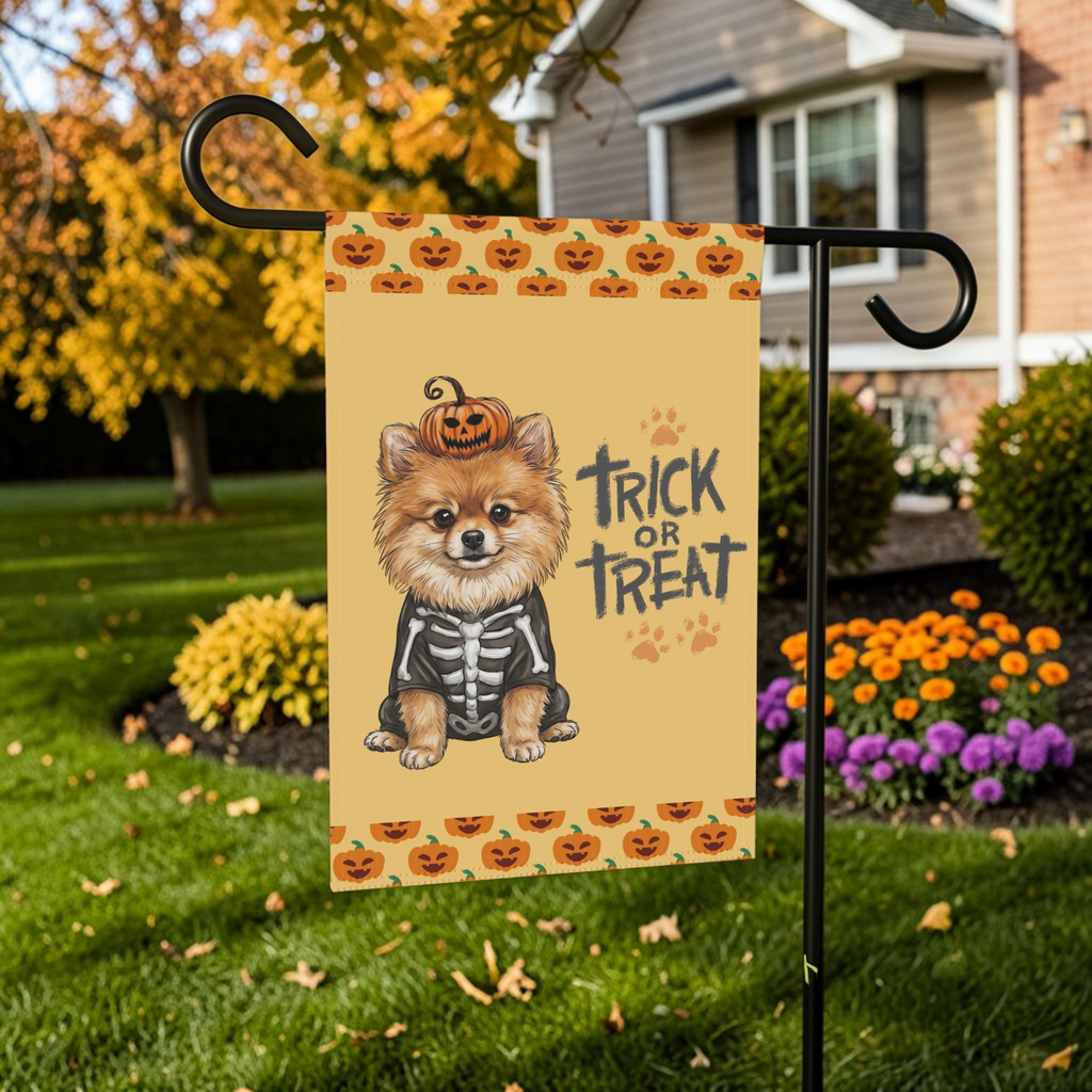 Trick or Treat Pomeranian Halloween Garden Flag Double Sided 12x18 24x32 Outdoor