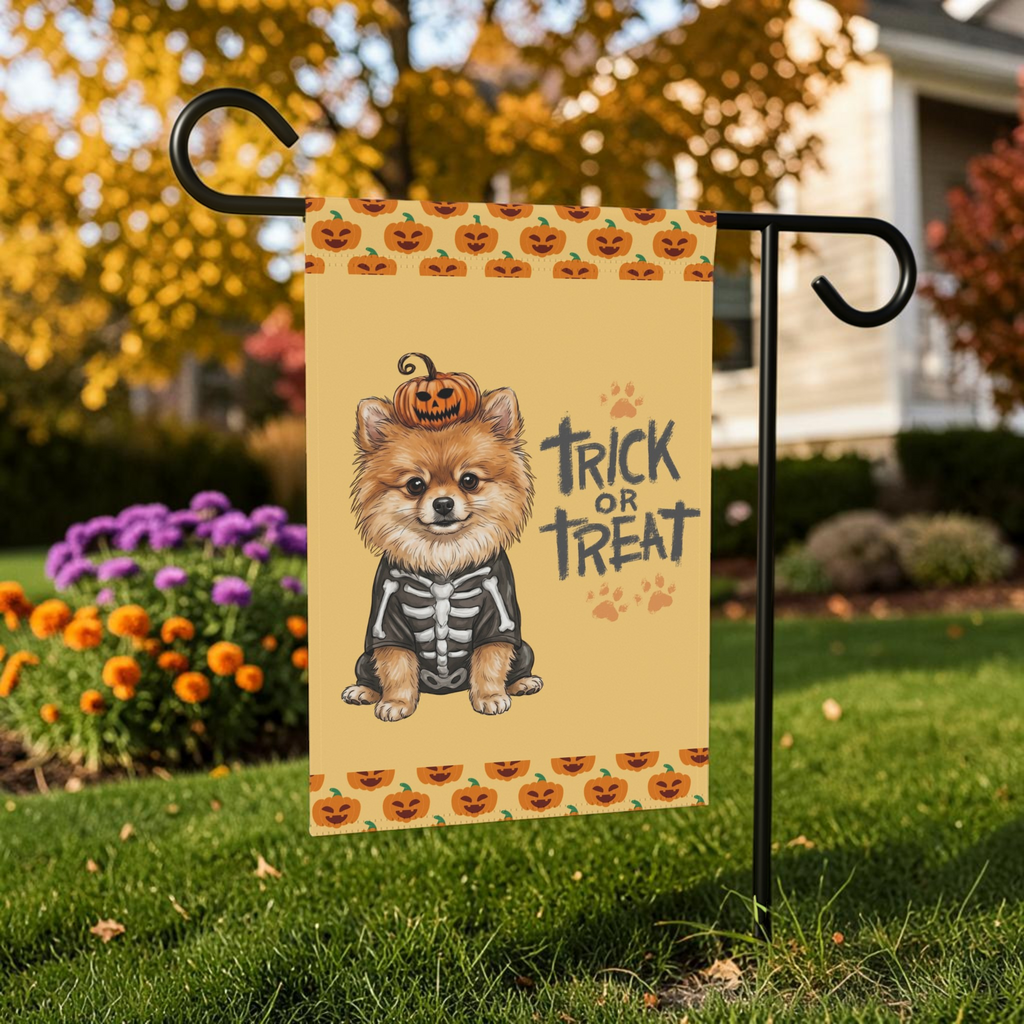 Trick or Treat Pomeranian Halloween Garden Flag Double Sided 12x18 24x32 Outdoor