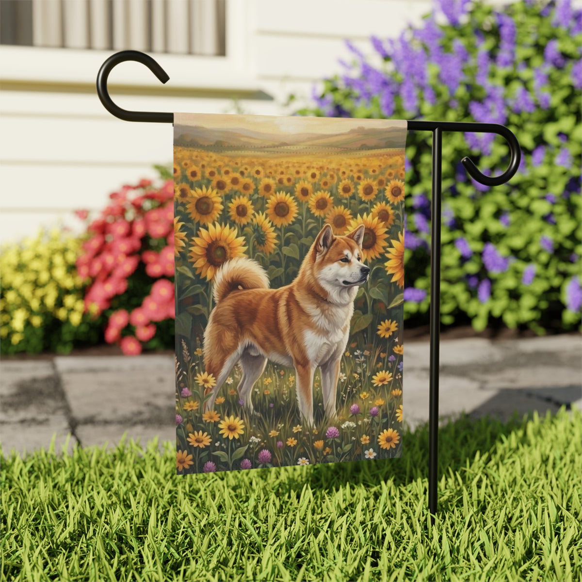 Sunflower Field Akita Garden Flag Double Sided 12x18 24x32 Outdoor