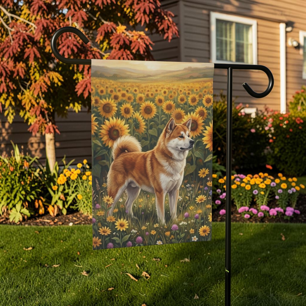 Sunflower Field Akita Garden Flag Double Sided 12x18 24x32 Outdoor