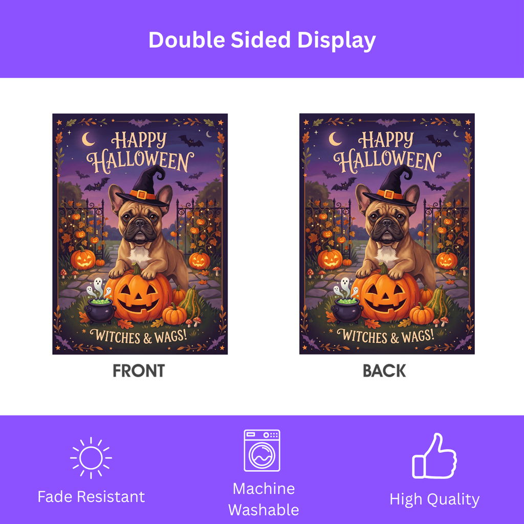 Witches And Wags French Bulldog Happy Halloween Garden Flag Double Sided Outdoor