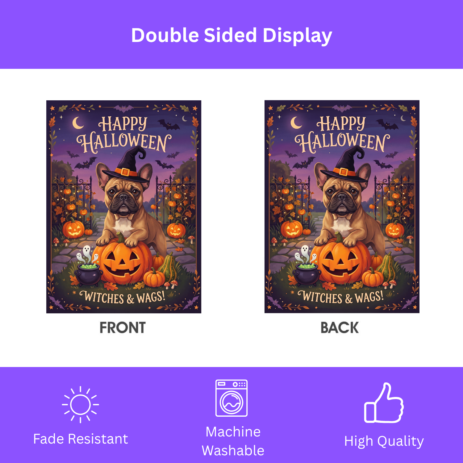 Witches And Wags French Bulldog Happy Halloween Garden Flag Double Sided Outdoor