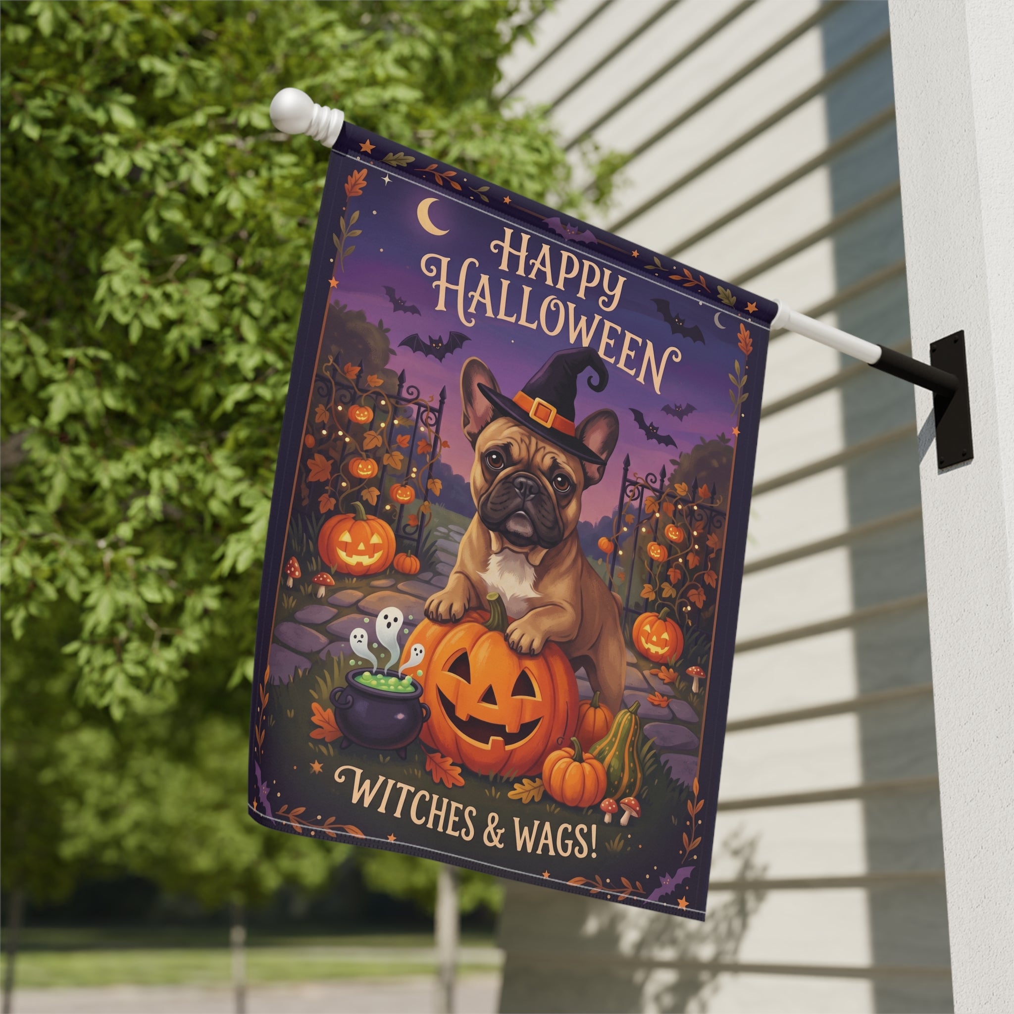 Witches And Wags French Bulldog Happy Halloween Garden Flag Double Sided Outdoor