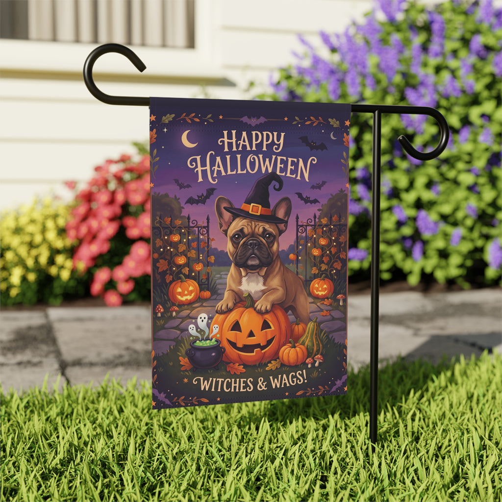 Witches And Wags French Bulldog Happy Halloween Garden Flag Double Sided Outdoor