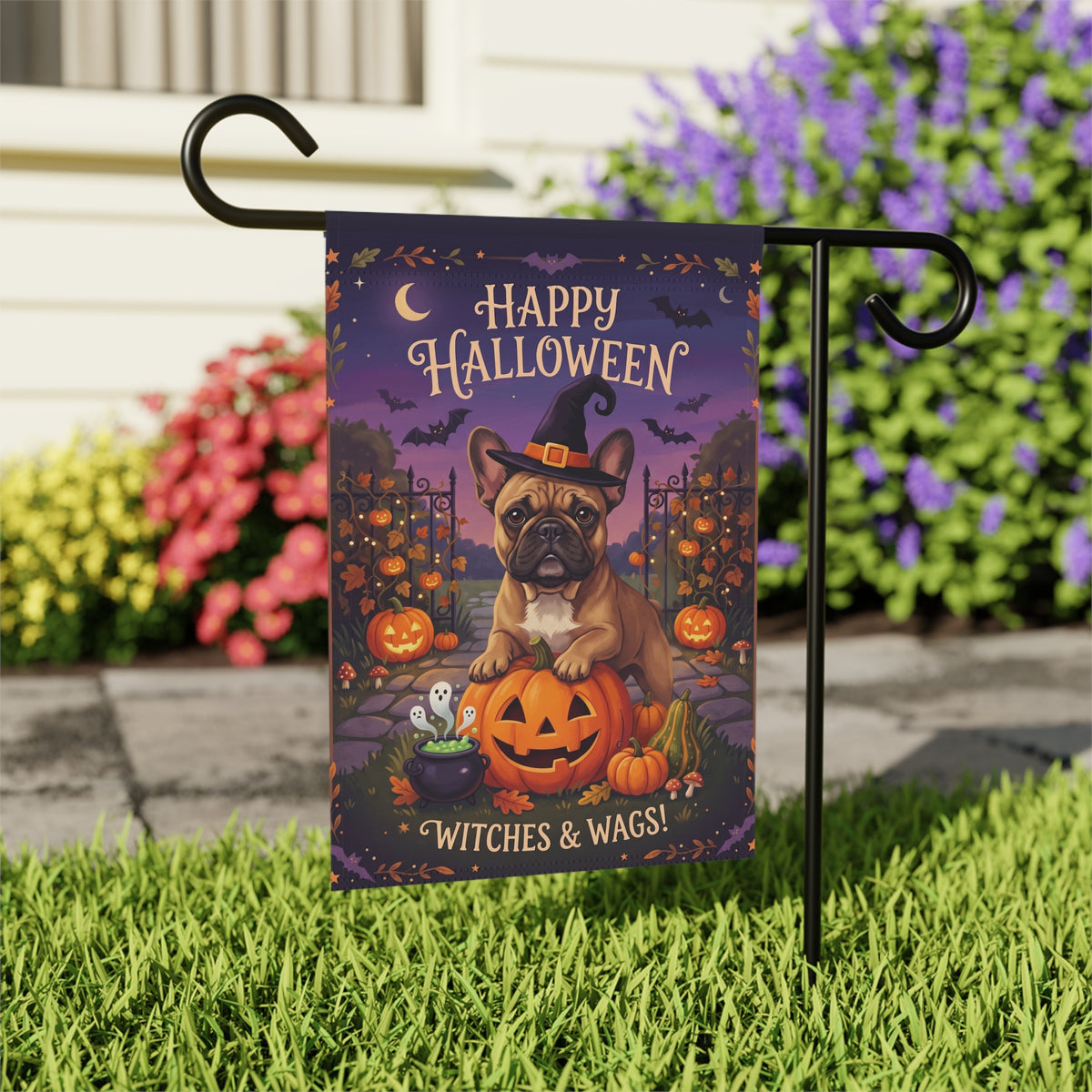 Witches And Wags French Bulldog Happy Halloween Garden Flag Double Sided Outdoor