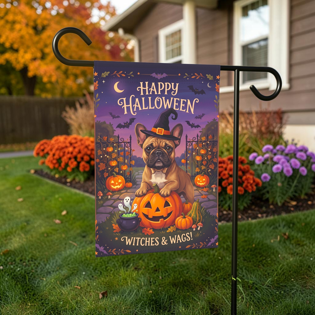 Witches And Wags French Bulldog Happy Halloween Garden Flag Double Sided Outdoor