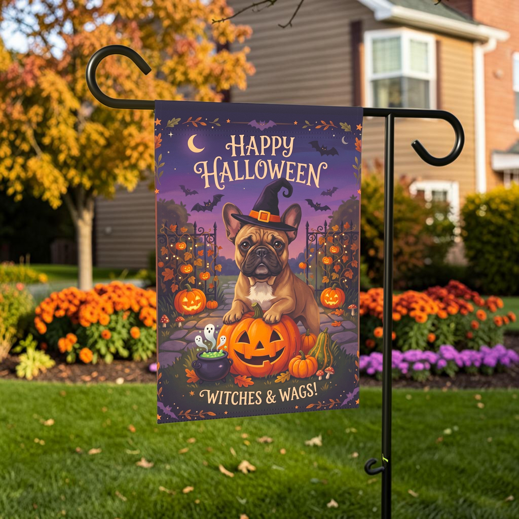 Witches And Wags French Bulldog Happy Halloween Garden Flag Double Sided Outdoor