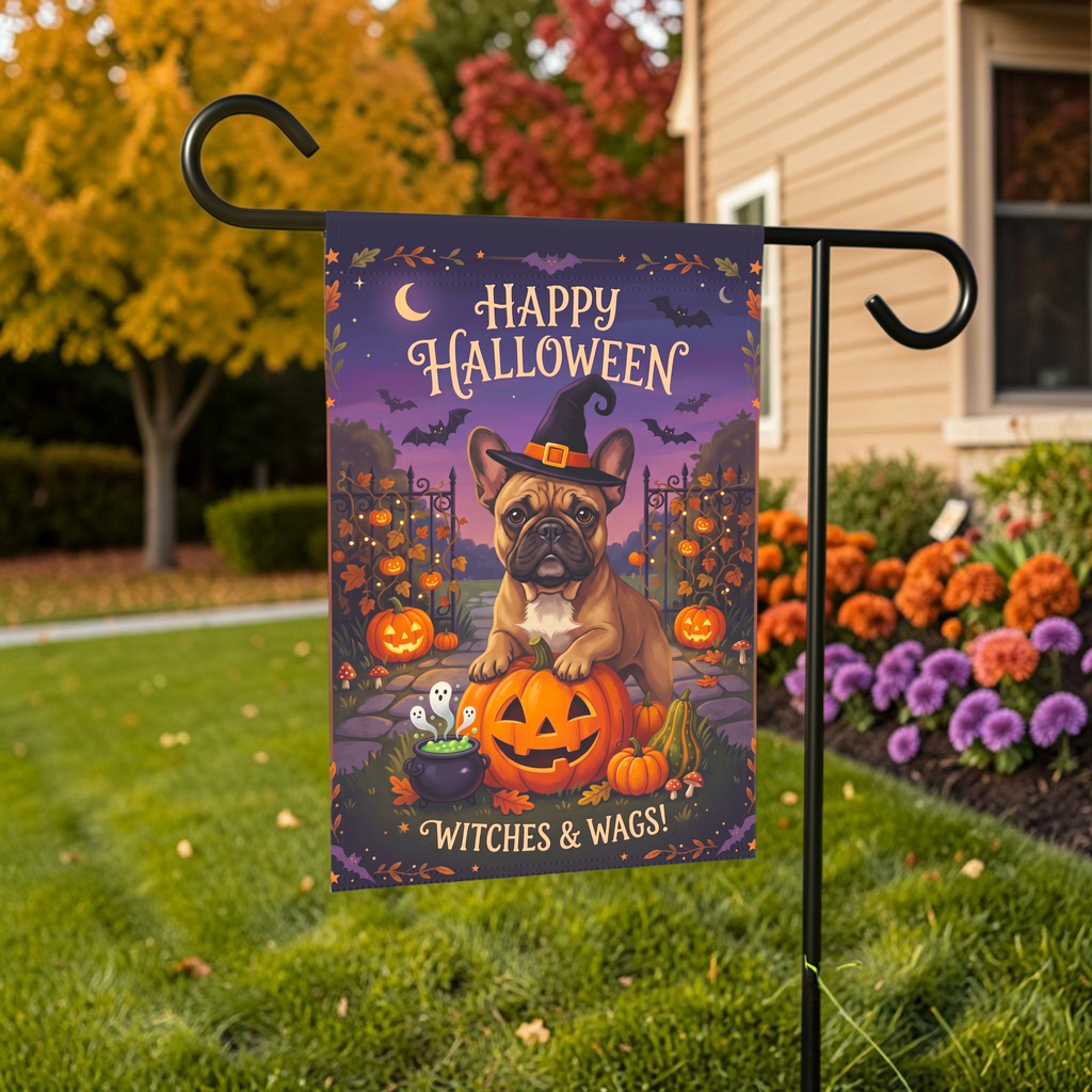 Witches And Wags French Bulldog Happy Halloween Garden Flag Double Sided Outdoor