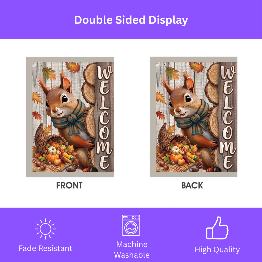 Autumn Squirrel Welcome Garden Flag Double Sided 12x18 24x32 Outdoor