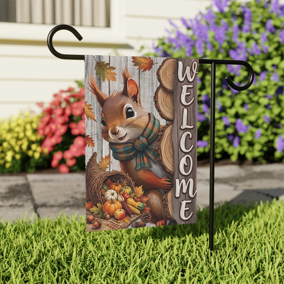 Autumn Squirrel Welcome Garden Flag Double Sided 12x18 24x32 Outdoor