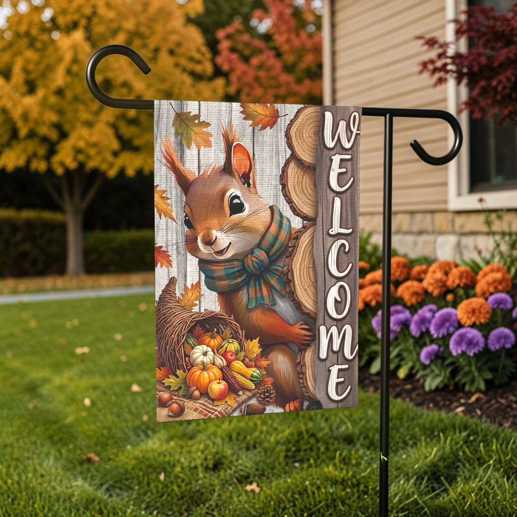 Autumn Squirrel Welcome Garden Flag Double Sided 12x18 24x32 Outdoor