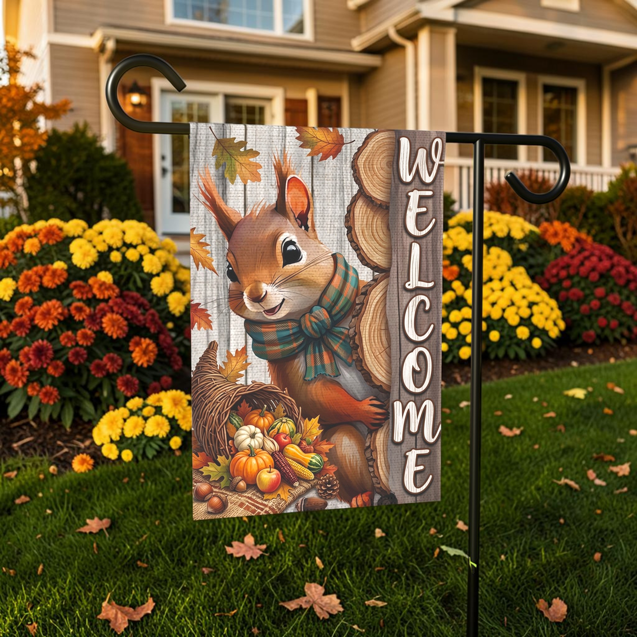 Autumn Squirrel Welcome Garden Flag Double Sided 12x18 24x32 Outdoor