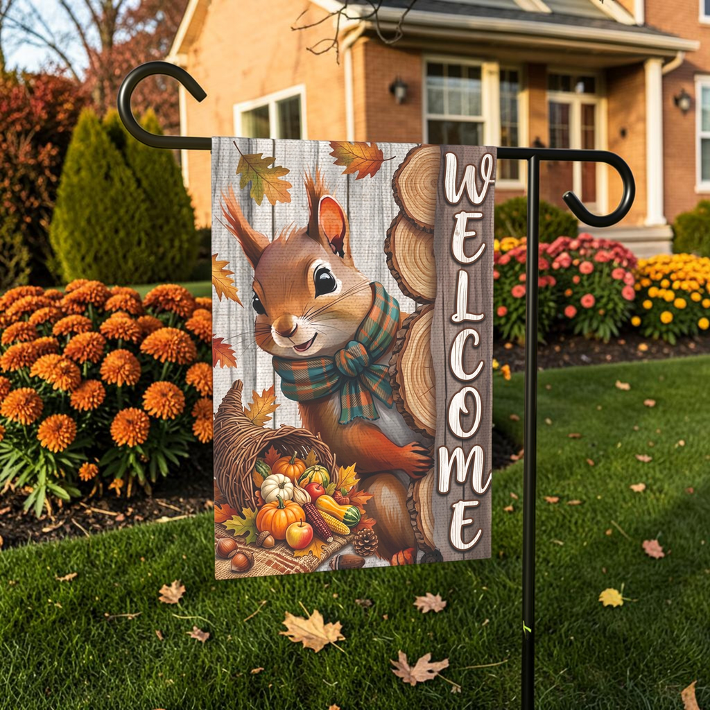 Autumn Squirrel Welcome Garden Flag Double Sided 12x18 24x32 Outdoor