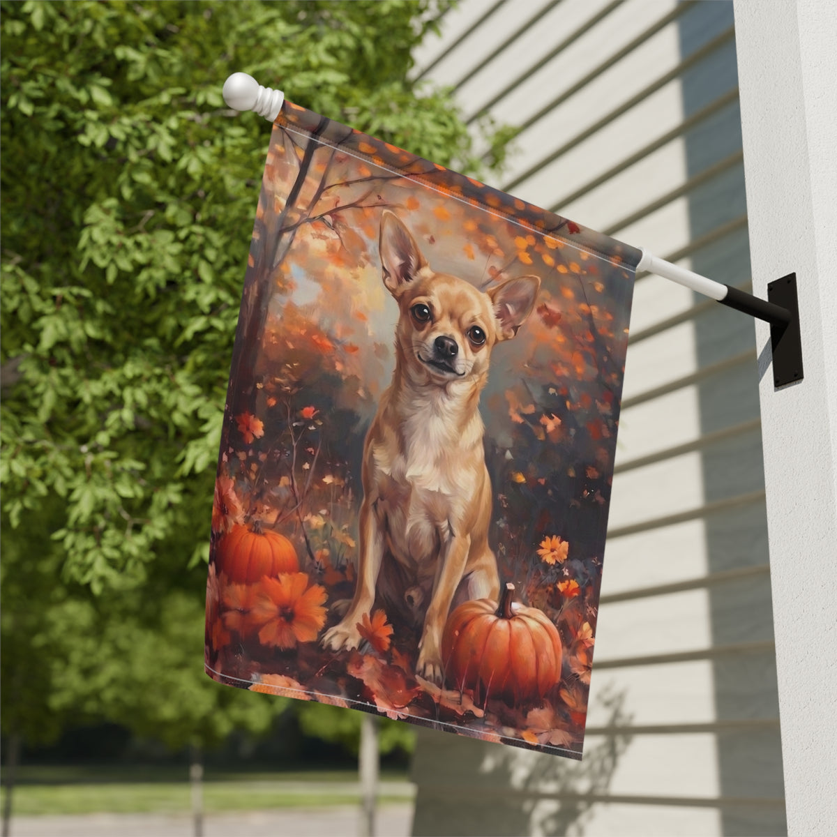 Fall Short Haired Chihuahua With Pumpkins Garden Flag Double Sided 12x18 24x32