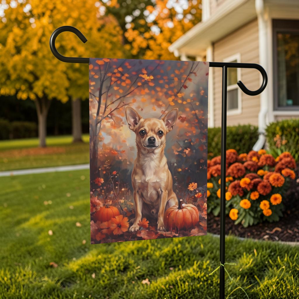 Fall Short Haired Chihuahua With Pumpkins Garden Flag Double Sided 12x18 24x32