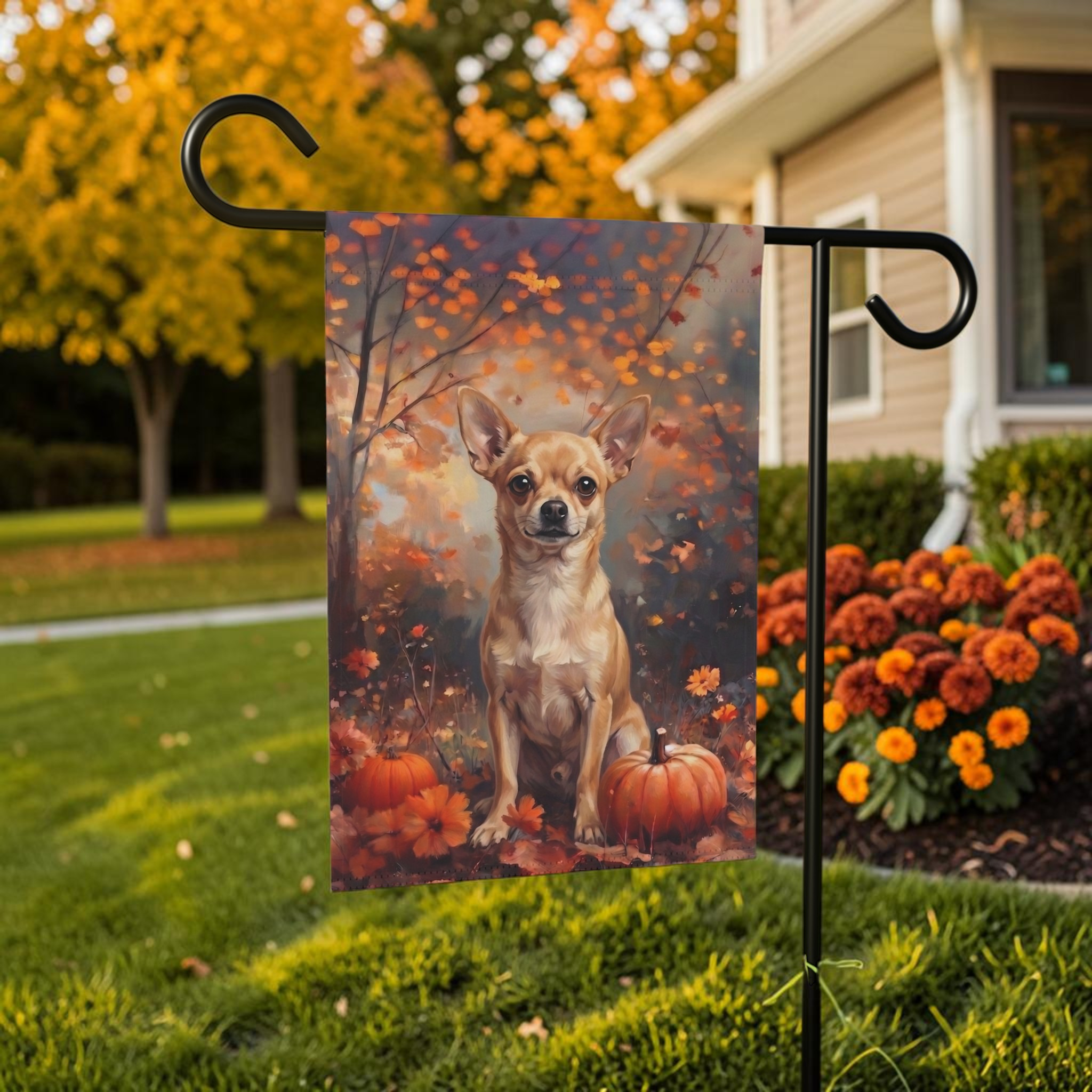 Fall Short Haired Chihuahua With Pumpkins Garden Flag Double Sided 12x18 24x32