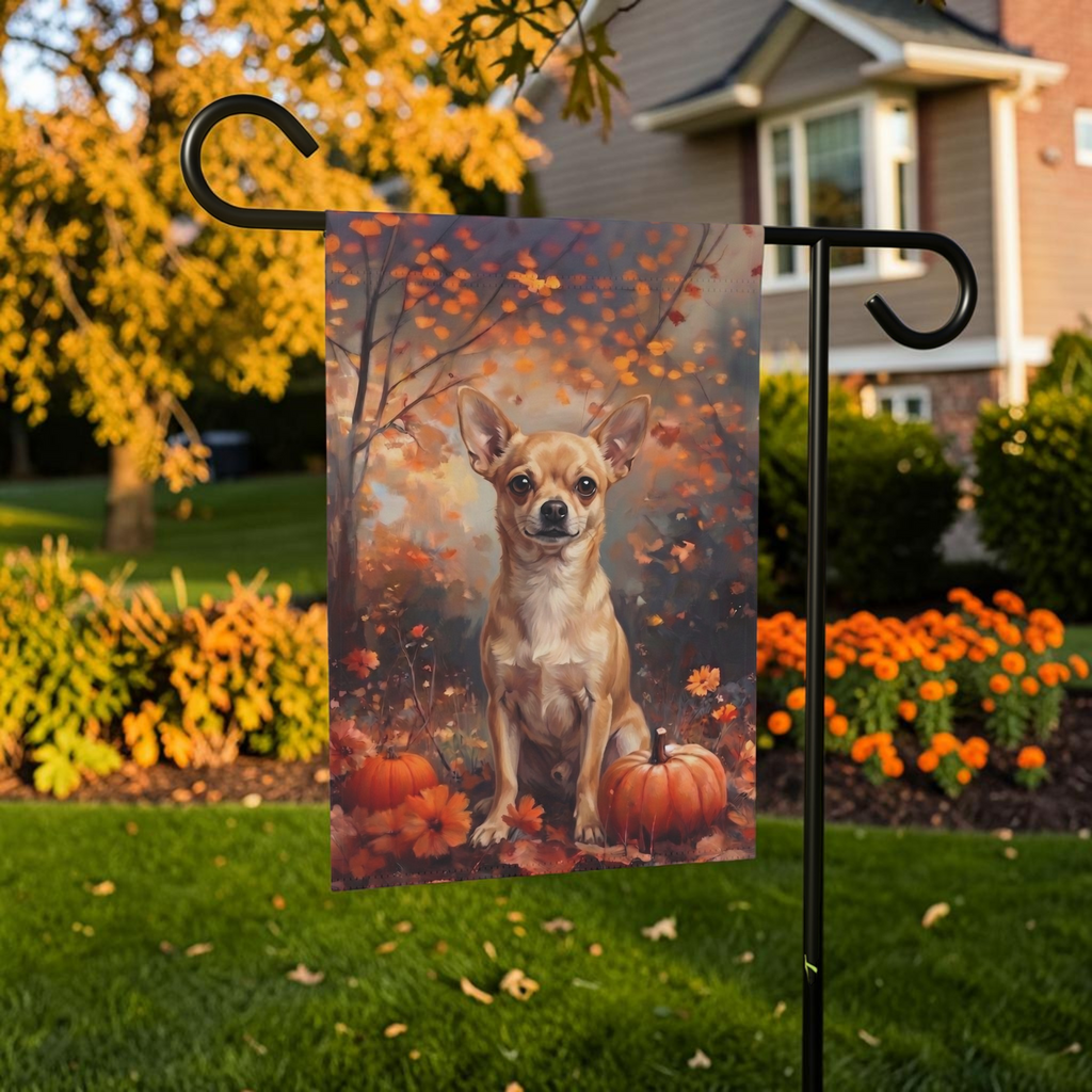 Fall Short Haired Chihuahua With Pumpkins Garden Flag Double Sided 12x18 24x32