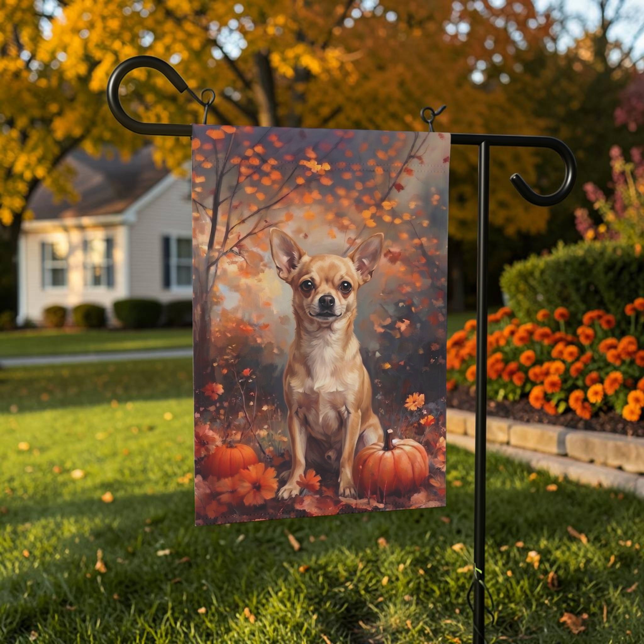 Fall Short Haired Chihuahua With Pumpkins Garden Flag Double Sided 12x18 24x32