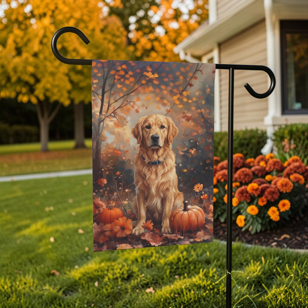 Fall Golden Retriever With Pumpkins Garden Flag Double Sided 12x18 24x32 Outdoor