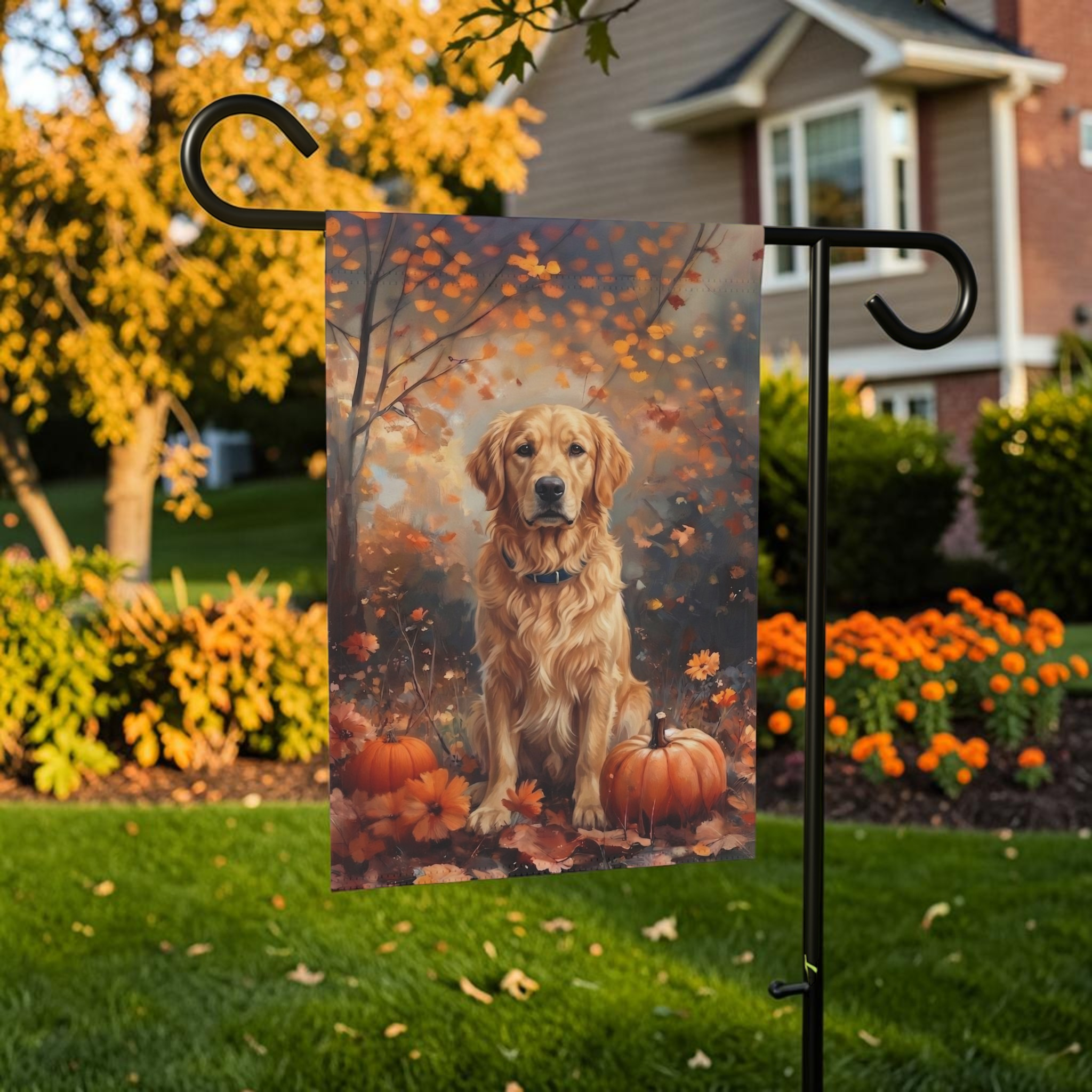 Fall Golden Retriever With Pumpkins Garden Flag Double Sided 12x18 24x32 Outdoor