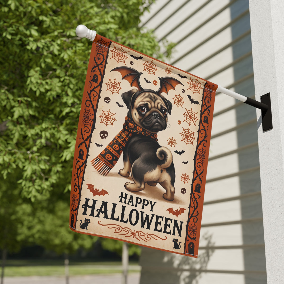 Happy Halloween Pug And Bats Garden Flag Double Sided 12x18 24x32 Outdoor