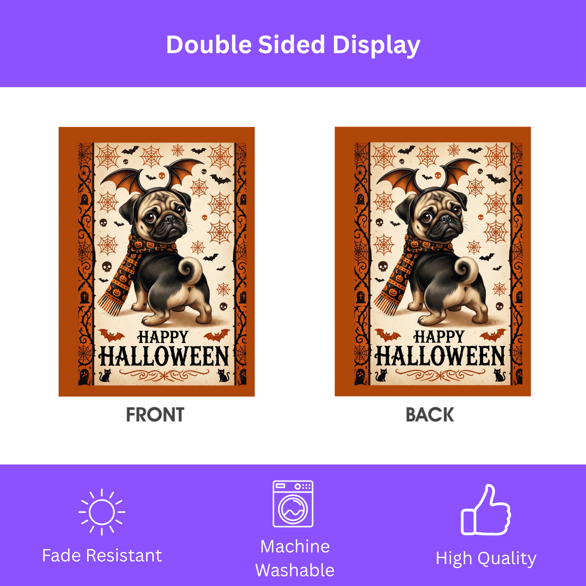 Happy Halloween Pug And Bats Garden Flag Double Sided 12x18 24x32 Outdoor