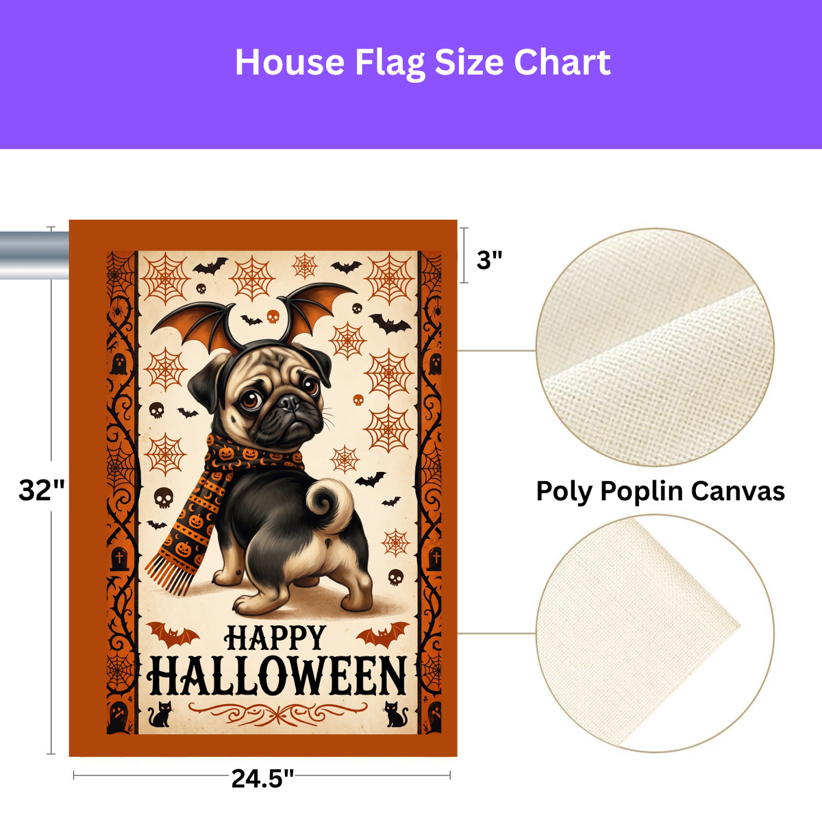 Happy Halloween Pug And Bats Garden Flag Double Sided 12x18 24x32 Outdoor